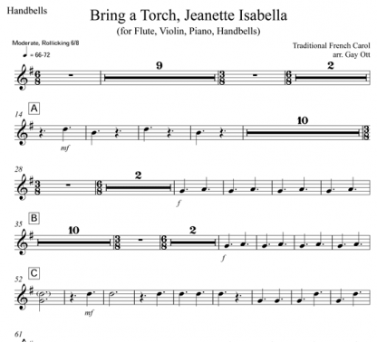 Bring a Torch, Jeanette, Isabella for flute, violin, piano, handbells | ScoreVivo