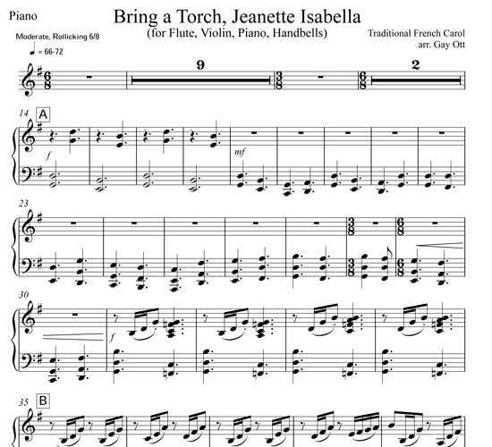 Bring a Torch, Jeanette, Isabella for flute, violin, piano, handbells ...