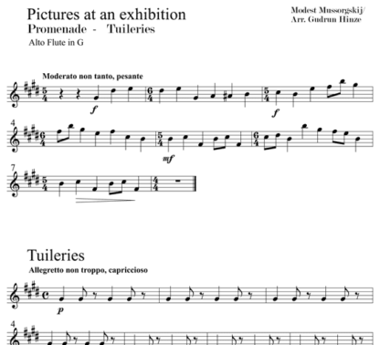 Pictures at an Exhibition - Promenade, Tuileries for flute quintet | ScoreVivo