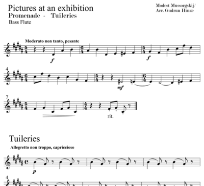 Pictures at an Exhibition - Promenade, Tuileries for flute quintet | ScoreVivo